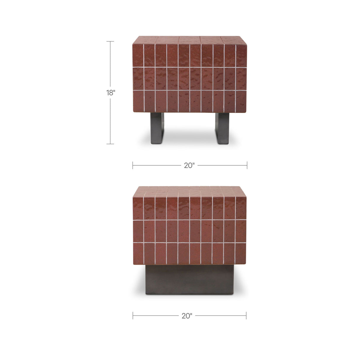 Brown outdoor side table, 20 in wide; square tiled top with dark legs