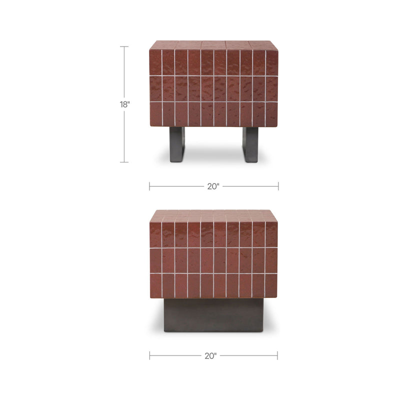 Brown outdoor side table, 20 in wide; square tiled top with dark legs