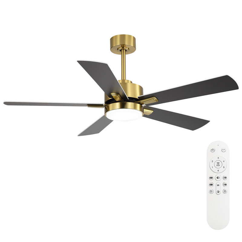 Gold reversible ceiling fan with 4 dark blades and built-in LED light; includes remote
