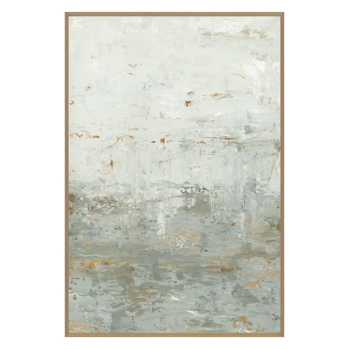 Framed abstract painting with textured light blue and cream surface, gold-toned frame