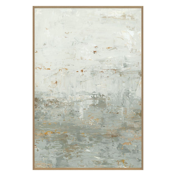 Framed abstract painting with textured light blue and cream surface, gold-toned frame