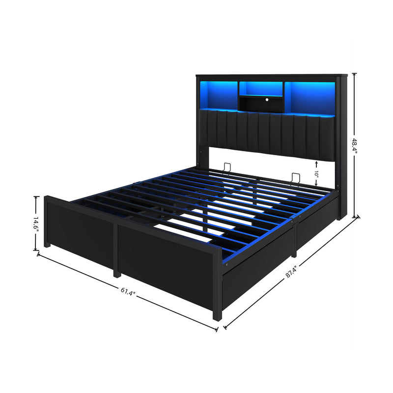 Black bed frame with high storage headboard, LED light, and built-in drawers