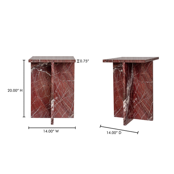 Rosso red marble-look accent table with square top, shown with size dimensions
