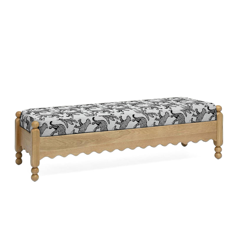 White leopard jacquard upholstered bench with scalloped front and wooden frame