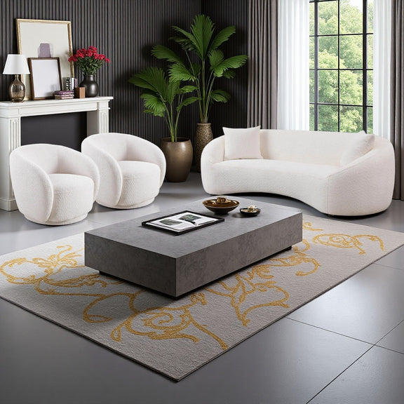 White curved upholstered sofa set with two armchairs and tight backrest cushions
