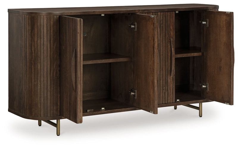 Dark brown accent cabinet with two open shelves behind side doors, slim metal legs