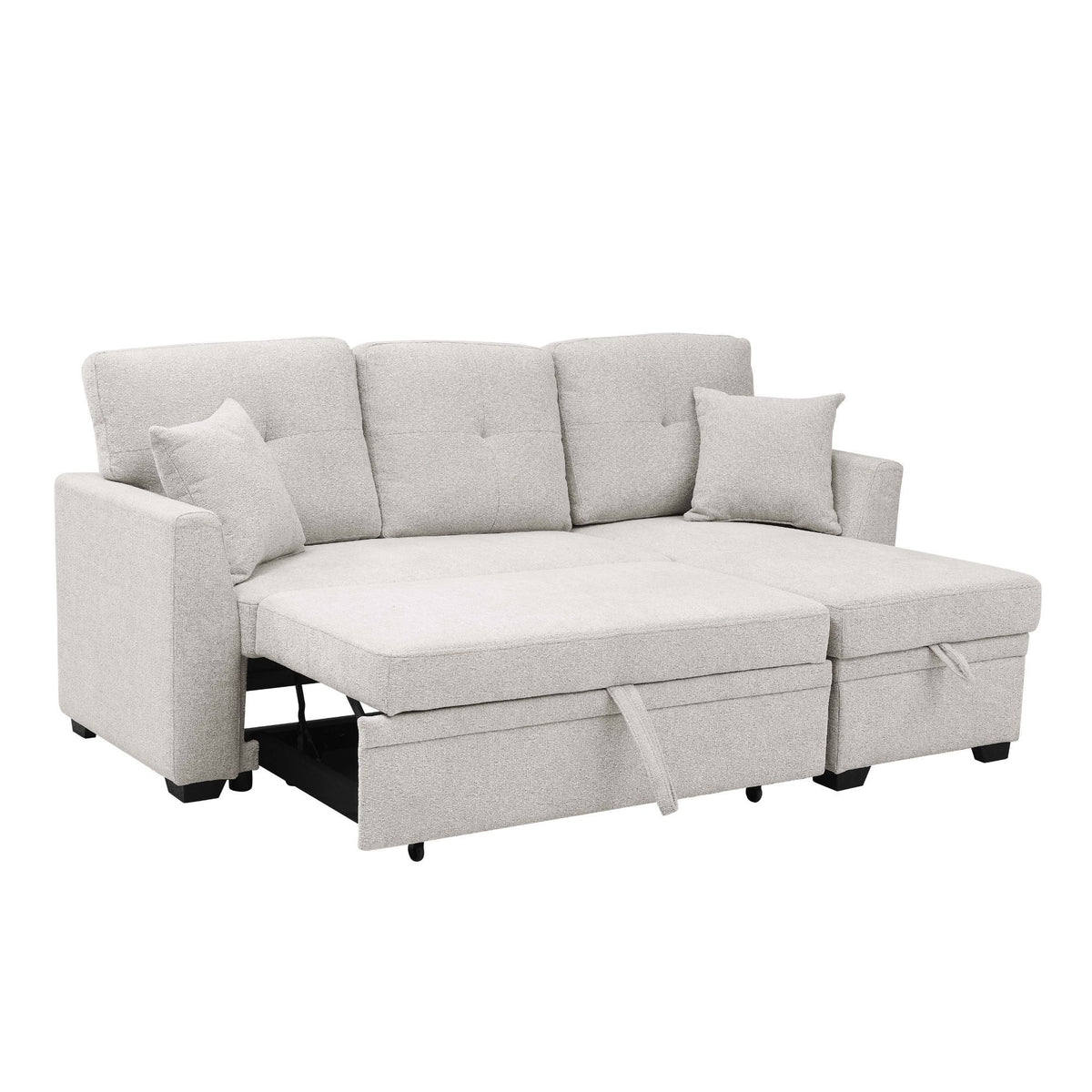 Light beige upholstered sectional sofa with pull-out bed extended and pillows