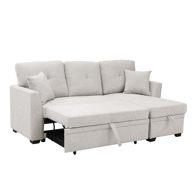 Light beige upholstered sectional sofa with pull-out bed extended and pillows