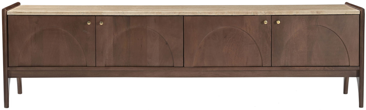 Dark brown mango wood media console front with carved doors and brass knob pulls