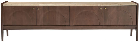 Dark brown mango wood media console front with carved doors and brass knob pulls