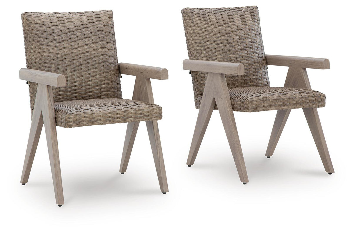 Set of 2 beige woven armchairs with light wood arms and tapered legs