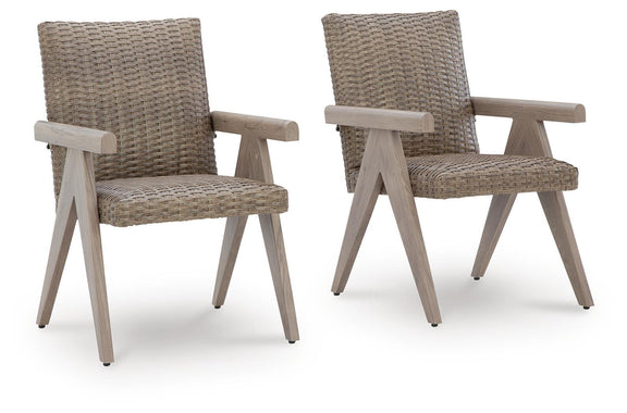 Set of 2 beige woven armchairs with light wood arms and tapered legs