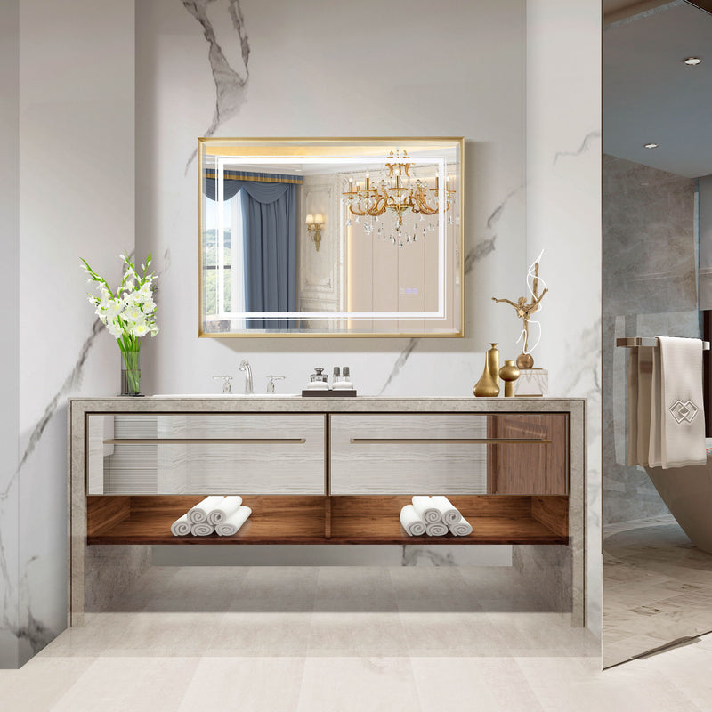 LED Bathroom Beveled Mirror, 3000 - 6000K Gradient Front And Backlit LED Mirror For Bathroom, 3 Colors Dimmable, Ip54 Enhanced Anti Fog