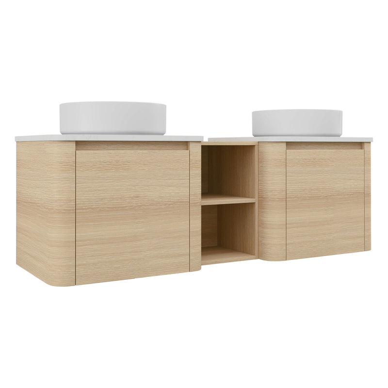 Wall-mounted bathroom vanity with white round art sinks and open center shelf, light wood