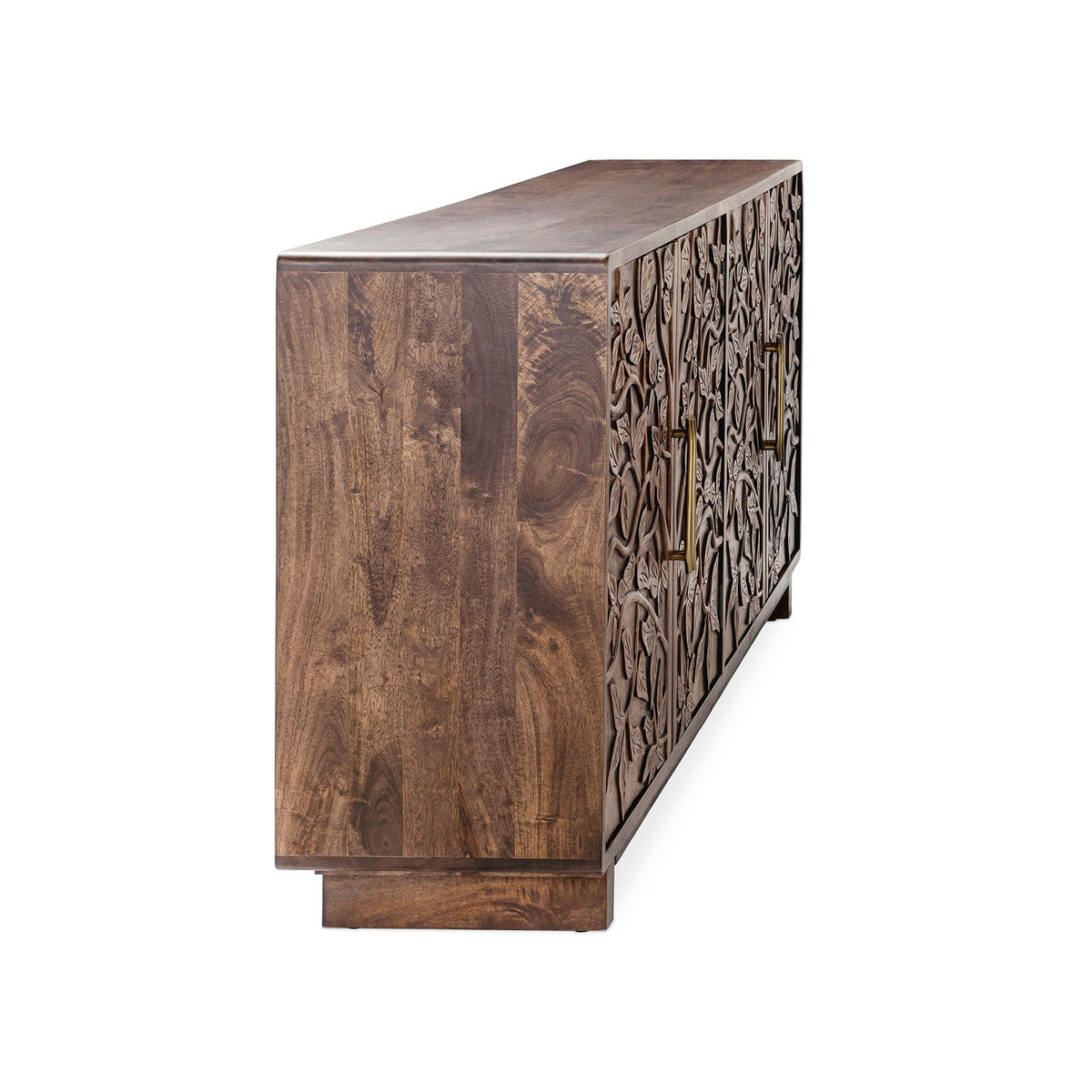 Kona brown wooden buffet side view with embossed panel texture and block legs.
