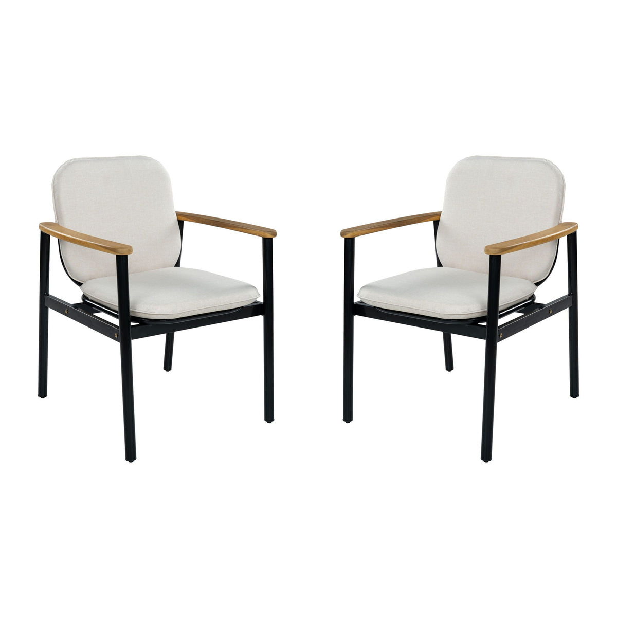 Beige outdoor dining chair with black frame and teak armrests