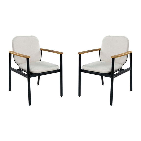 Beige outdoor dining chair with black frame and teak armrests