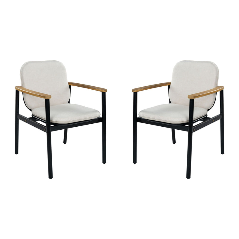 Beige outdoor dining chair with black frame and teak armrests