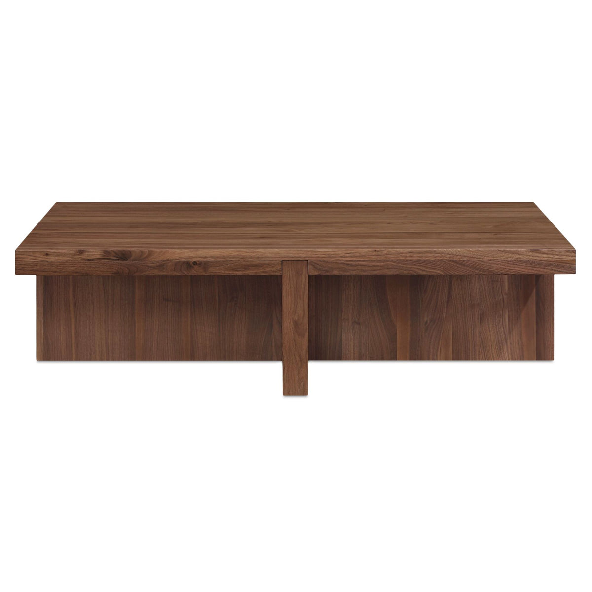Walnut brown coffee table with rectangular top and central support leg.