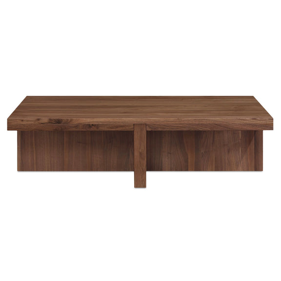 Walnut brown coffee table with rectangular top and central support leg.
