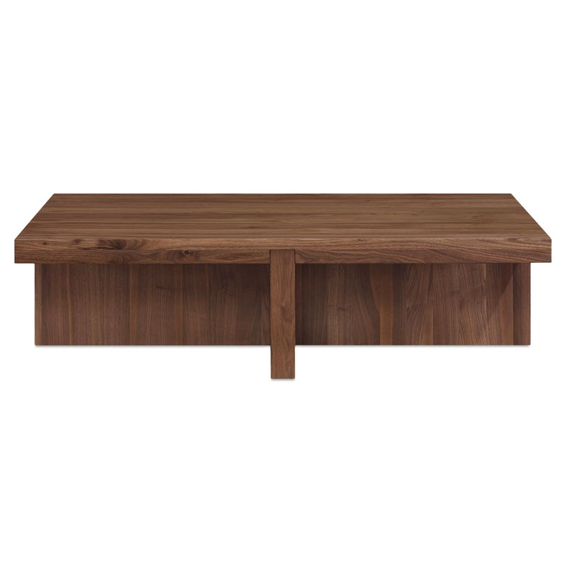 Walnut brown coffee table with rectangular top and central support leg.