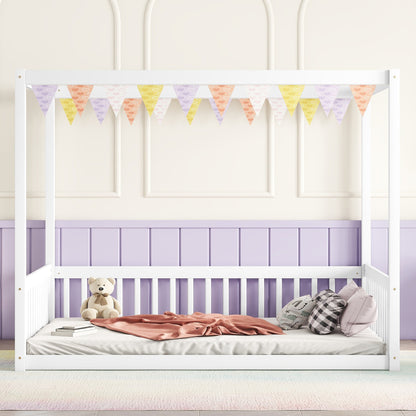 Full Size Canopy Frame Rubber Wood Floor Bed with Fence, Guardrails, White