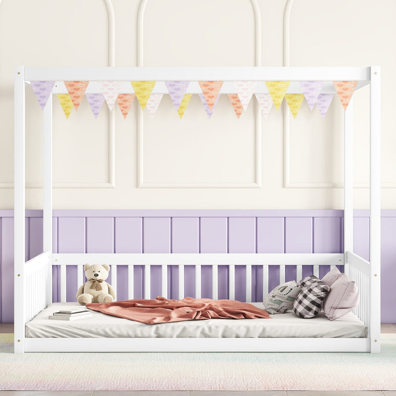Full Size Canopy Frame Rubber Wood Floor Bed with Fence, Guardrails, White