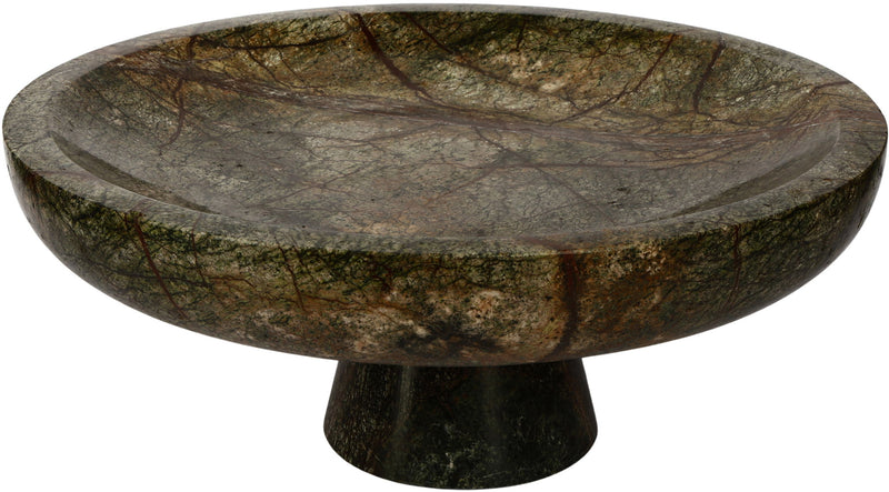 Green-gray marble pedestal bowl with mottled veins and flat round rim