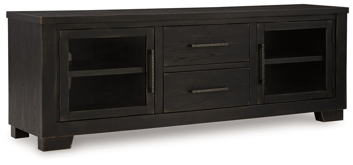 Black extra-large TV stand with two glass doors, two drawers, and open shelf space
