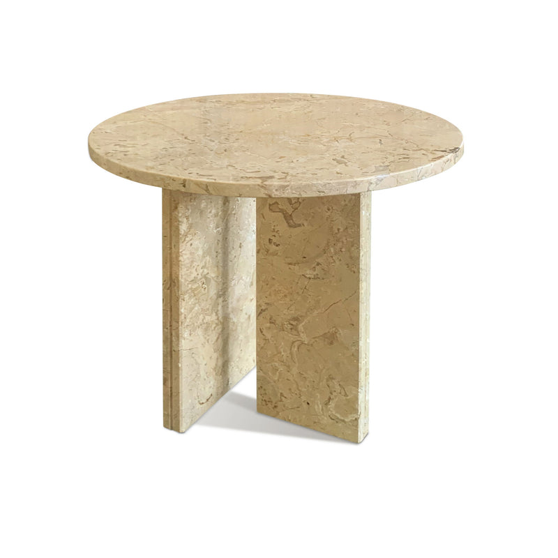 Round beige stone coffee table with veined top and 3 angular legs