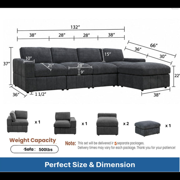 Dark gray sectional sofa diagram with labeled measurements and ottoman pieces