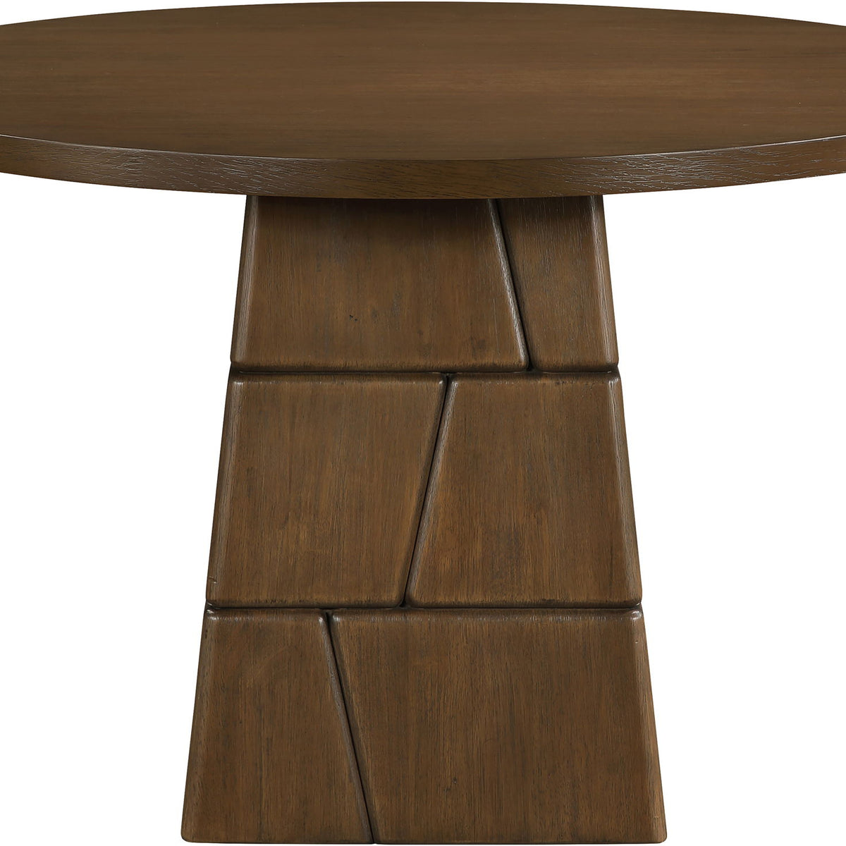 Dark brown round dining table top with stacked block pedestal base