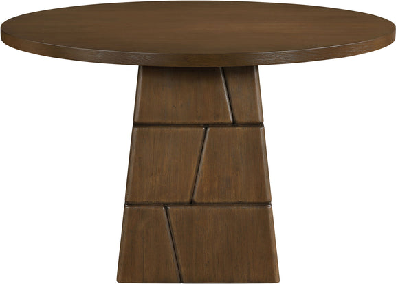Dark brown round dining table top with stacked block pedestal base