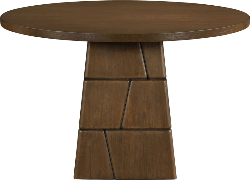 Dark brown round dining table top with stacked block pedestal base