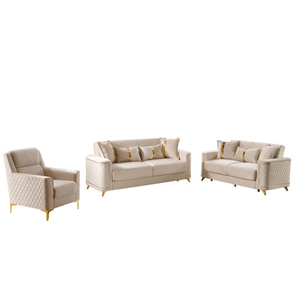 Beige upholstered living room set with loveseat and two armchairs, gold accents