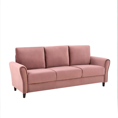 Pink 3-seat sofa with curved arms, box cushions, and dark legs.