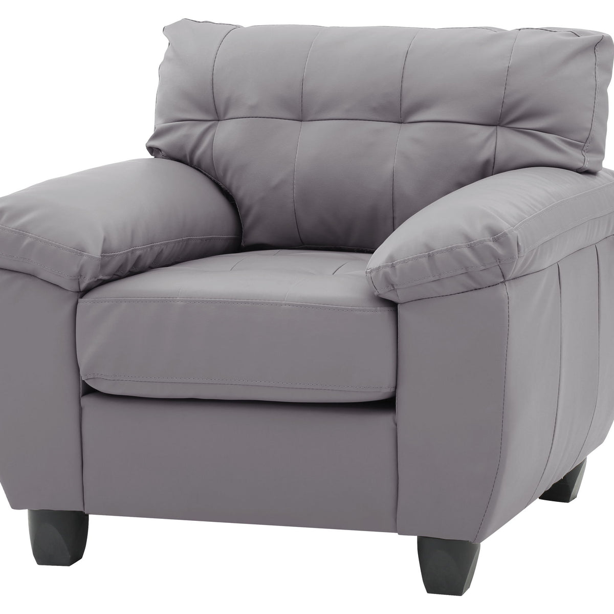 Medium gray accent chair with padded arms and tufted back, smooth upholstery