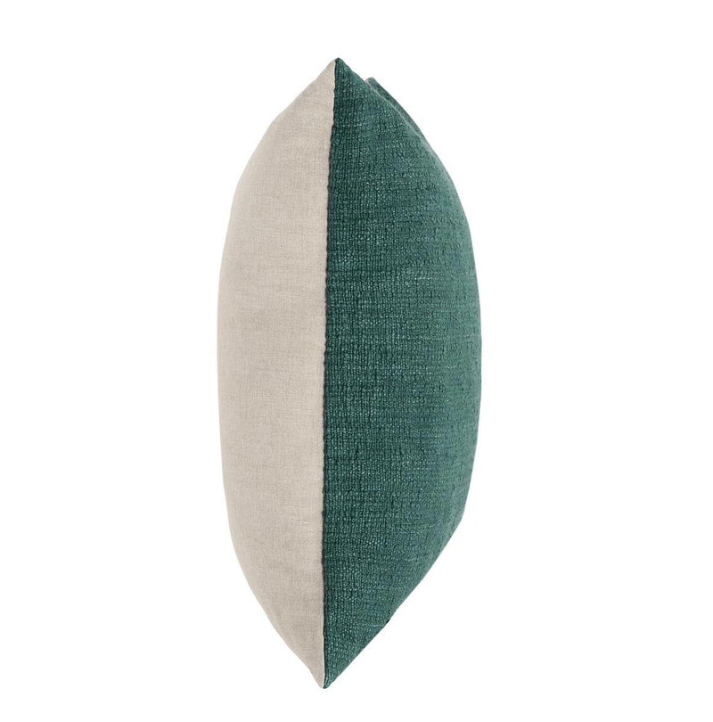 Two-tone side-view pillow: ivory back with jungle green front panel