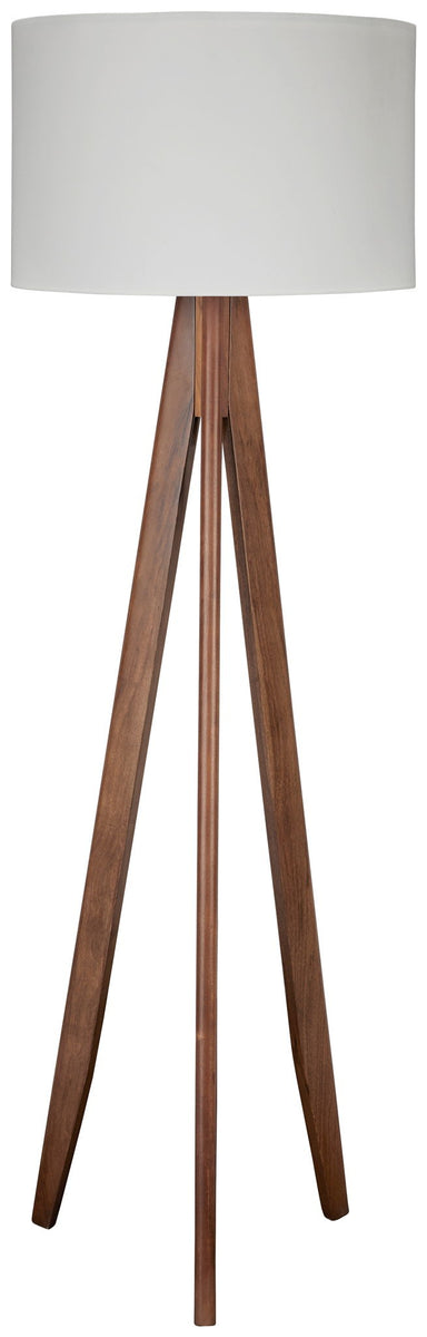 Brown wood tripod floor lamp with white fabric drum shade
