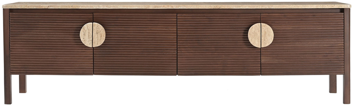Varenna 69-inch media console with speckled marble top and three drawer fronts with round pulls