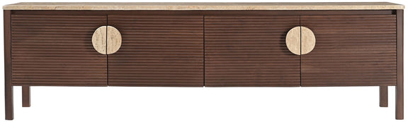 Varenna 69-inch media console with speckled marble top and three drawer fronts with round pulls