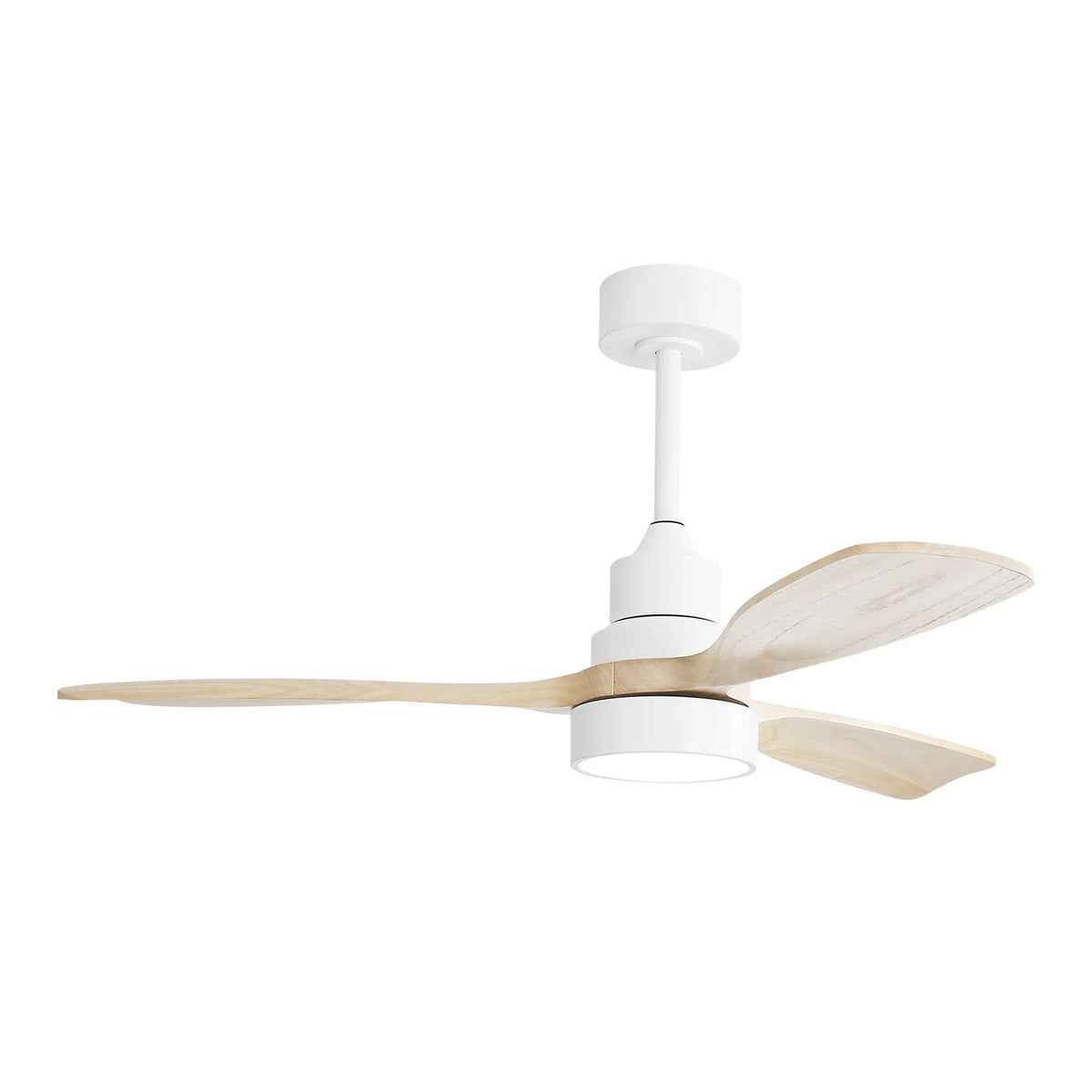 White indoor ceiling fan with reversible wood blades and integrated light