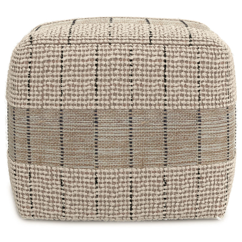 Square woven pouf with textured natural-and-gray plaid check upholstery.