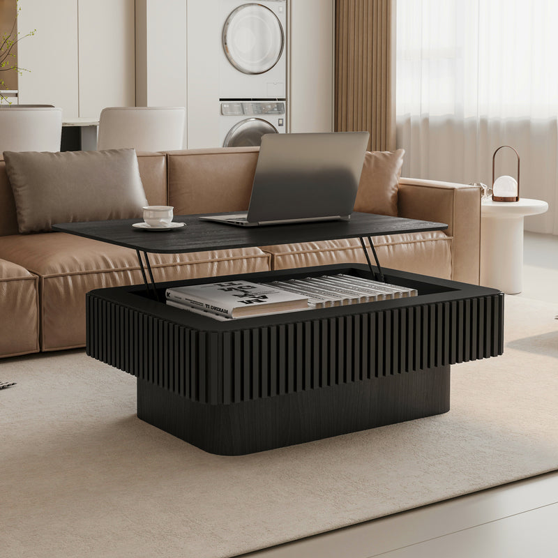Lift-Top Coffee Table Fluted Hidden Storage Black 38.6-inch