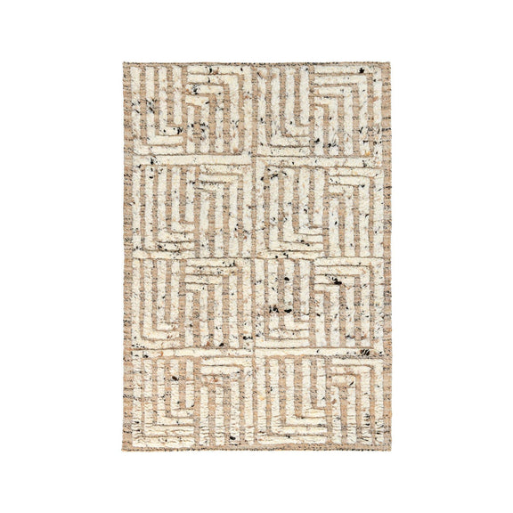 Rectangular natural rug with repeating maze blocks and contrasting tan outline lines