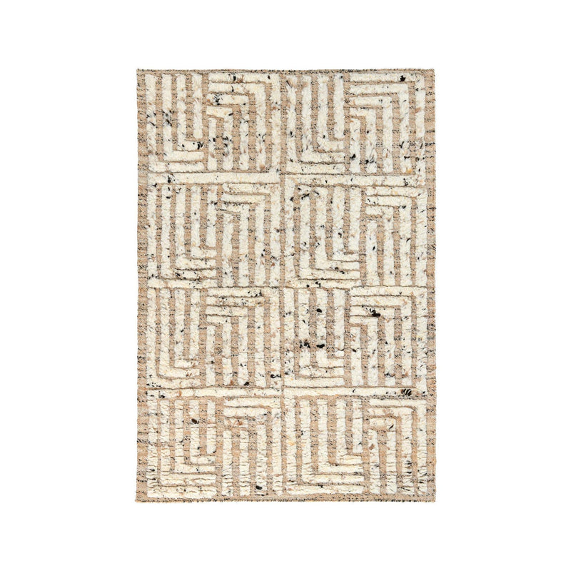 Rectangular natural rug with repeating maze blocks and contrasting tan outline lines