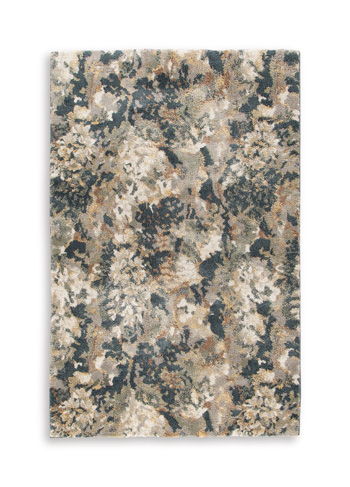 Dark gray abstract patterned area rug with beige and blue tones
