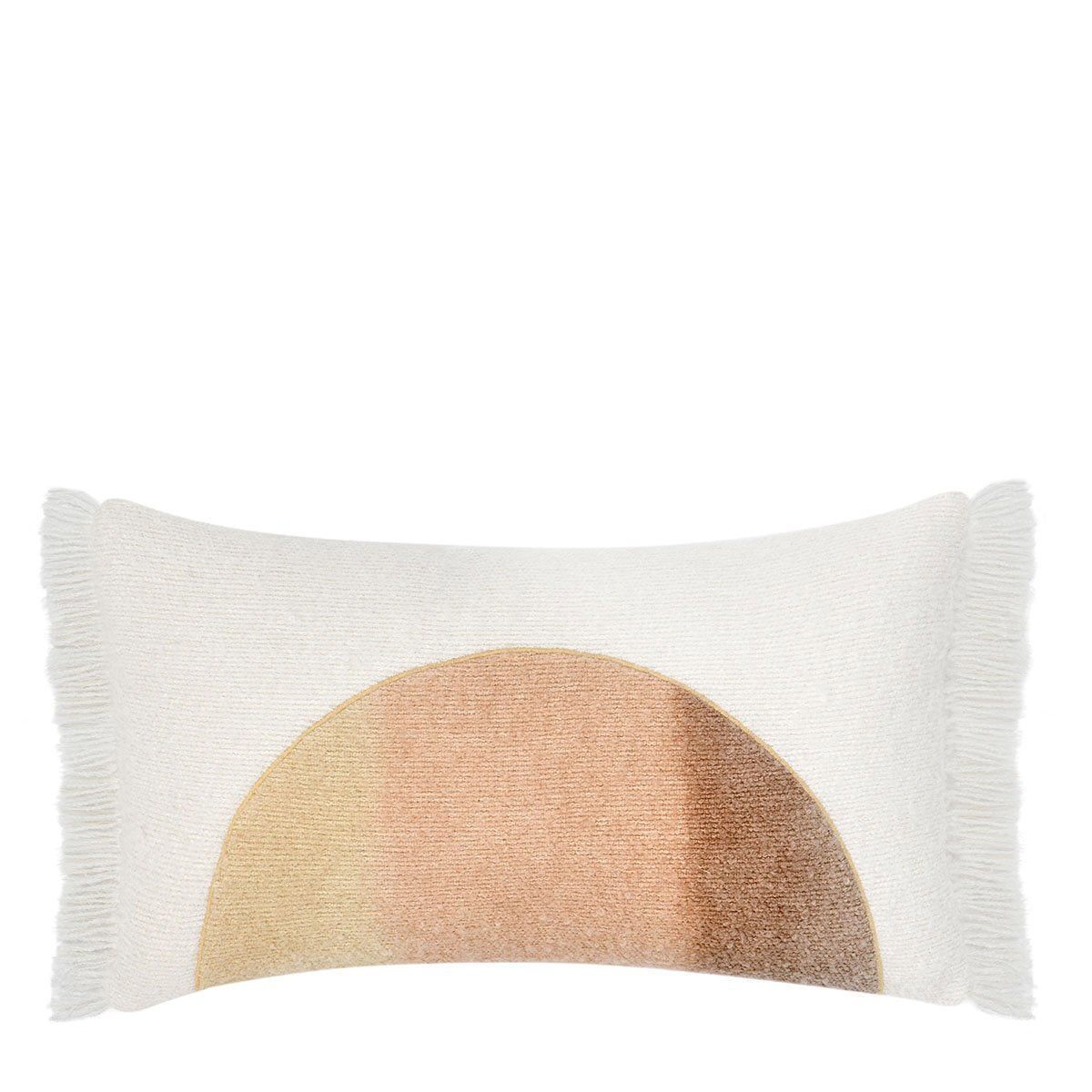 Ivory lumbar pillow with arched yellow panel and white fringe trim