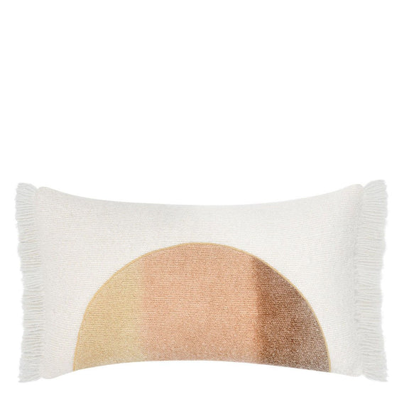 Ivory lumbar pillow with arched yellow panel and white fringe trim