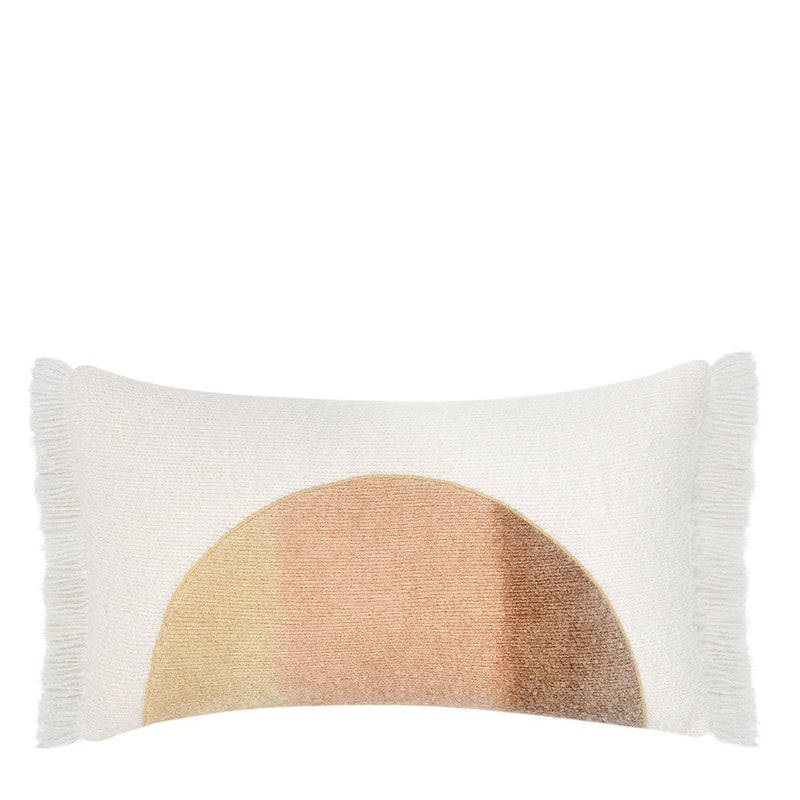 Ivory lumbar pillow with arched yellow panel and white fringe trim